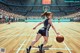 A woman dribbling a basketball on a basketball court.