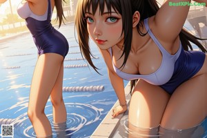 A woman in a bathing suit standing next to a swimming pool.
